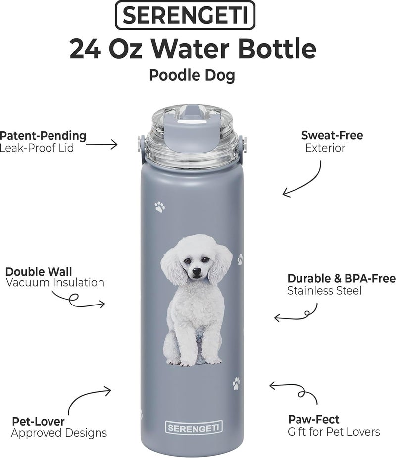 ES Pets SERENGETI 24 Oz Water Bottle Stainless Steel with Spill Proof Lid - Double walled Vacuum Insulated water flask - Realistic 3D Print of your favorite dog (Poodle) - Image 1